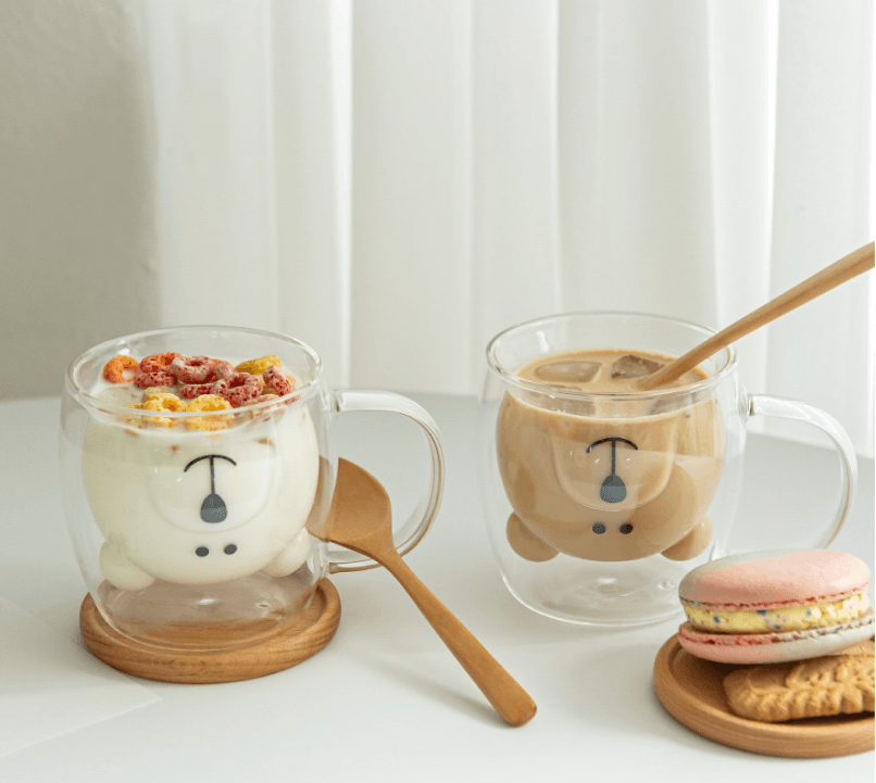 [Gift set] Home cafe gift” Bellu bear set (2 heat-resistant mugs + 2 wood saucers + 2 wood spoons + postcard + gift packaging)-0