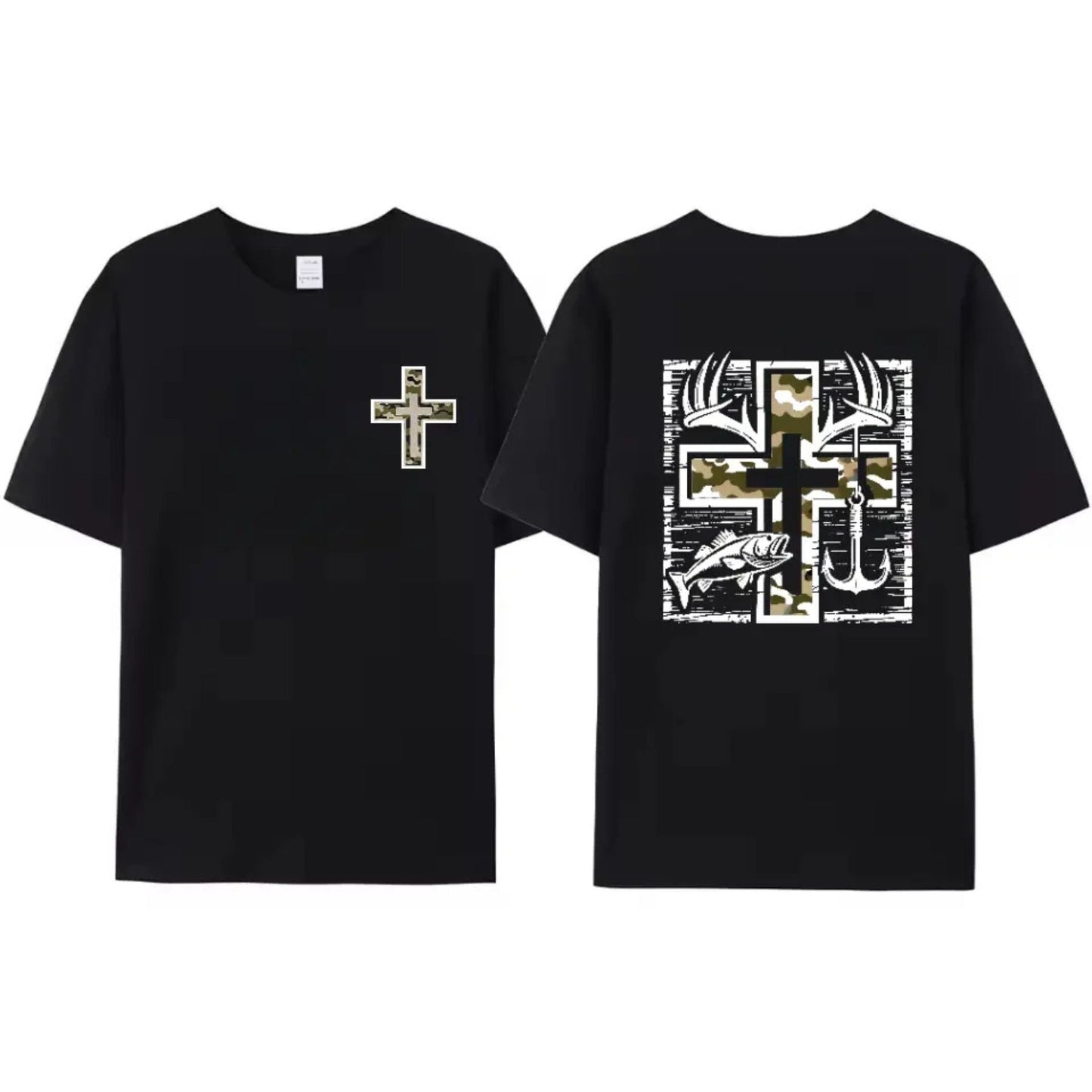 Faithful Outdoorsmen T-Shirt - Southern-Style Fishing & Hunting Tee, Camo Cross & Bass Apparel