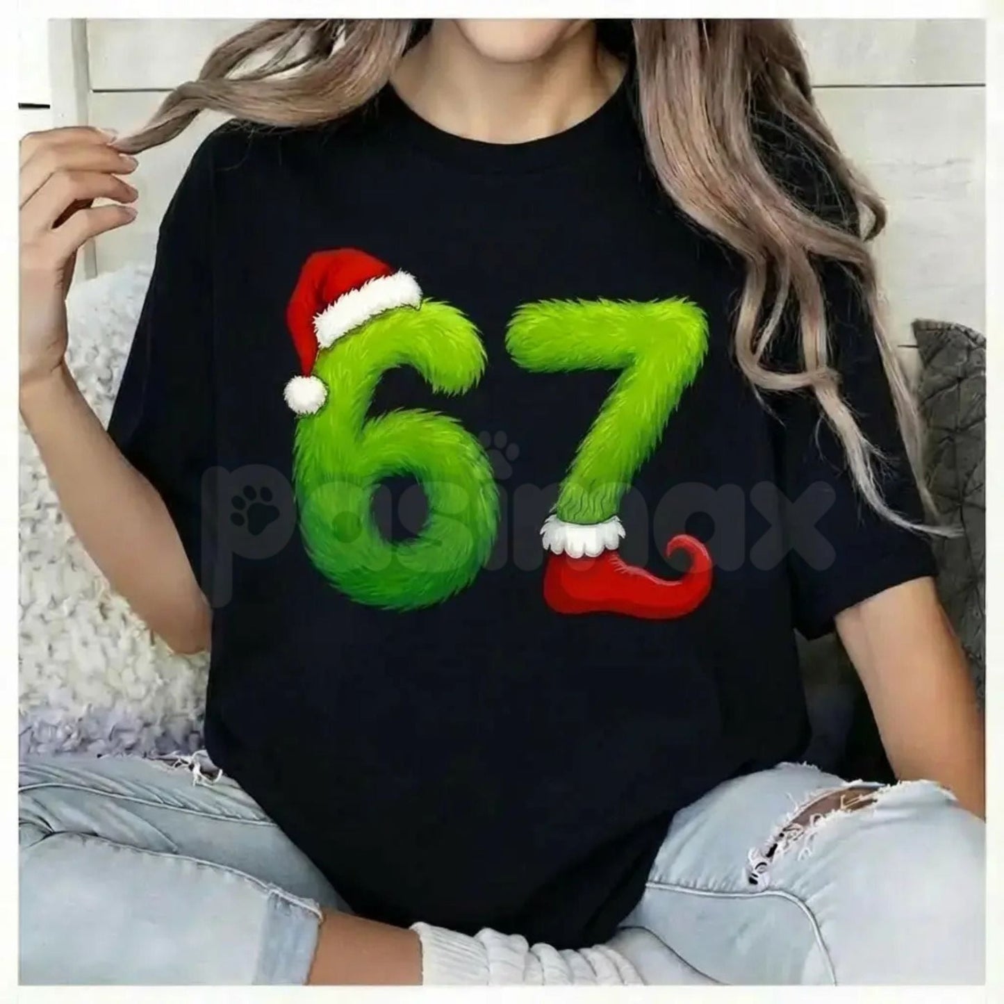 Unisex Funny Gen Z Pop 67 Meme T-Shirt - Green Guy Inspiration Santa Hats Graphic, Niche Viral Humor Tee, Trendy Holiday Meme Apparel