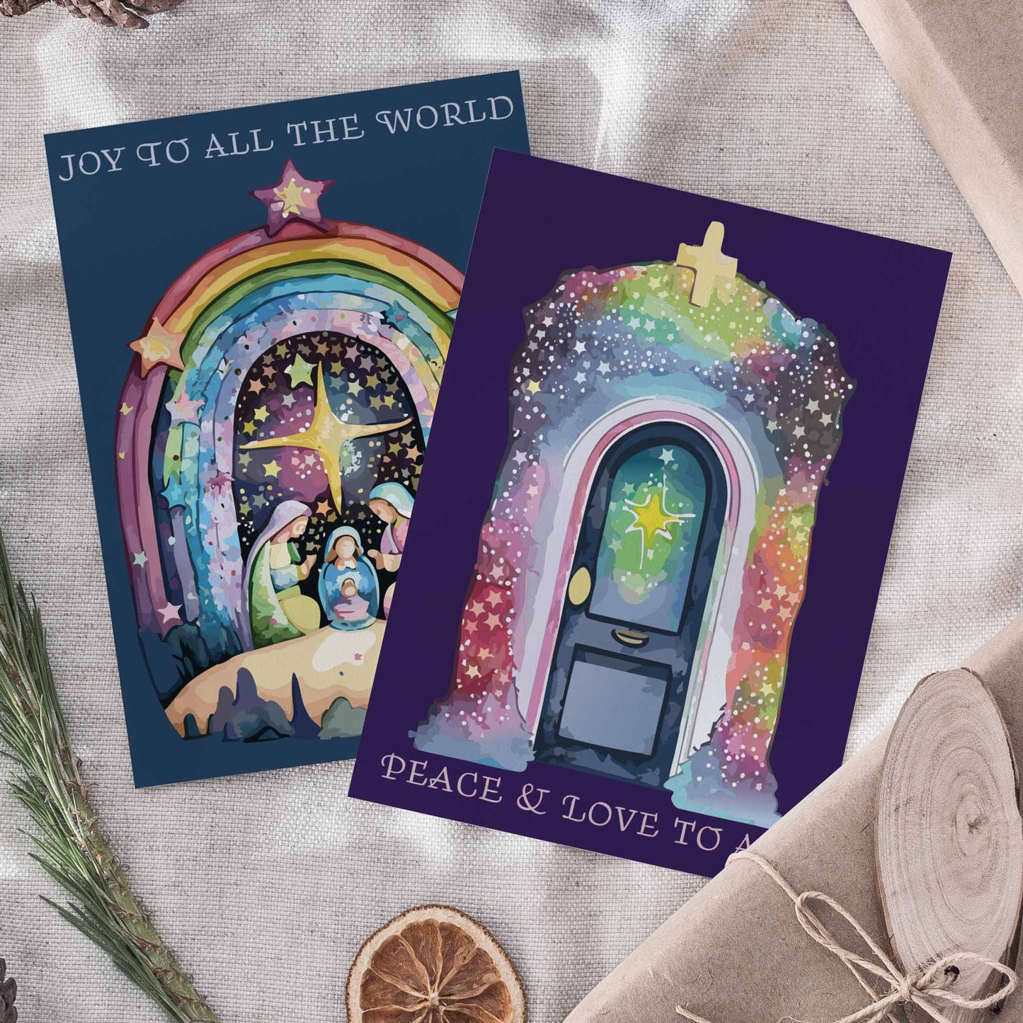 Rainbow Watercolor Christmas Cards, Set of 24