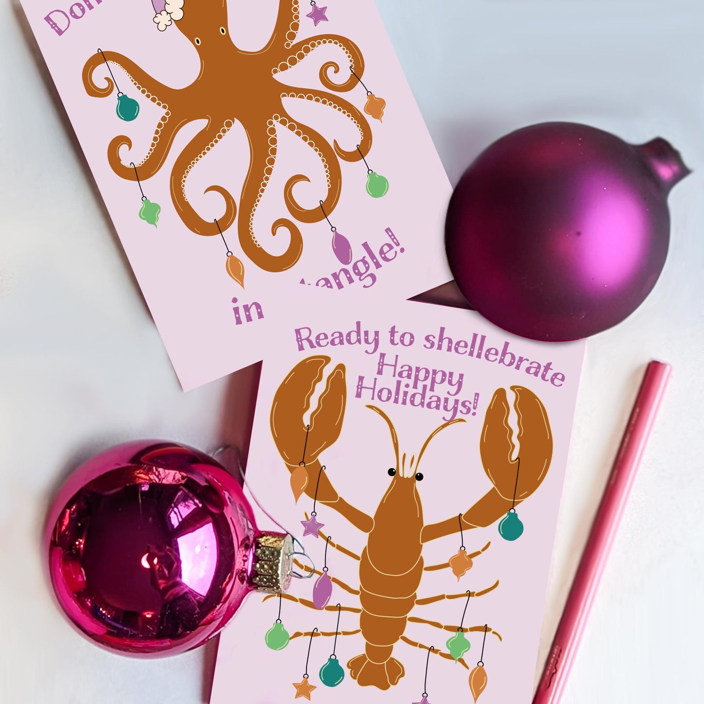 Lobster and Octopus Christmas Greeting Cards, Set of 24