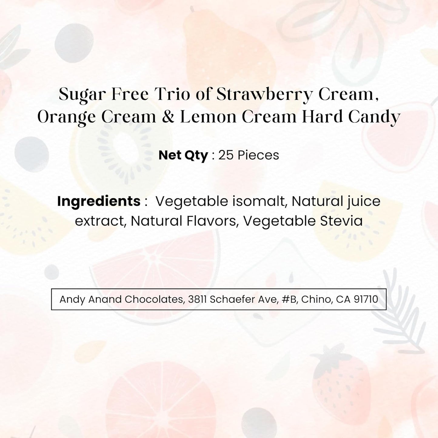 Andy Anand Sugar-Free Trio Hard Candy, 25 pc – Strawberry, Orange & Lemon, European Imported, Keto & Diabetic-Friendly Gourmet Gift Box