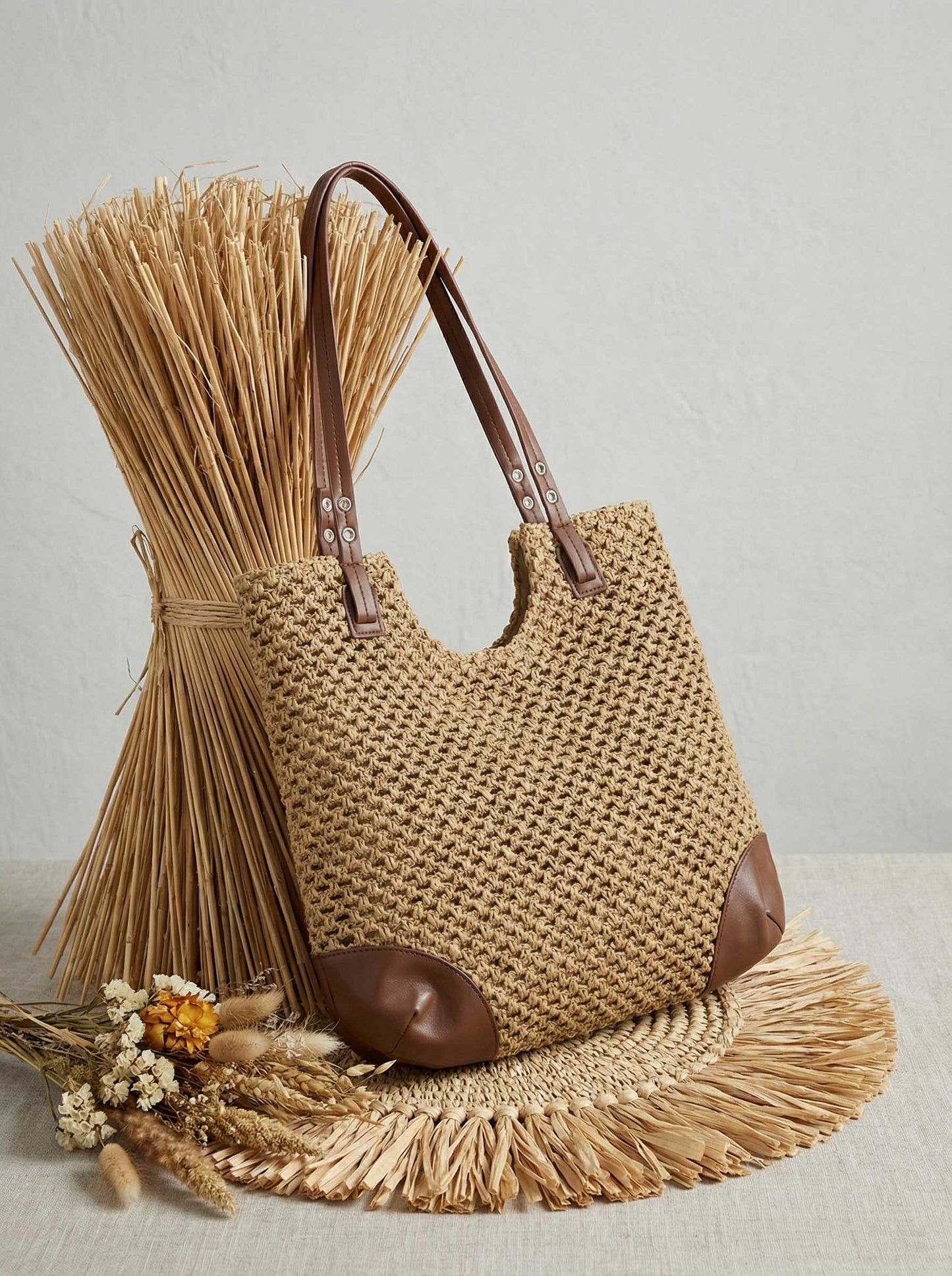 Woven Hollow-Out Shoulder Tote Bag
