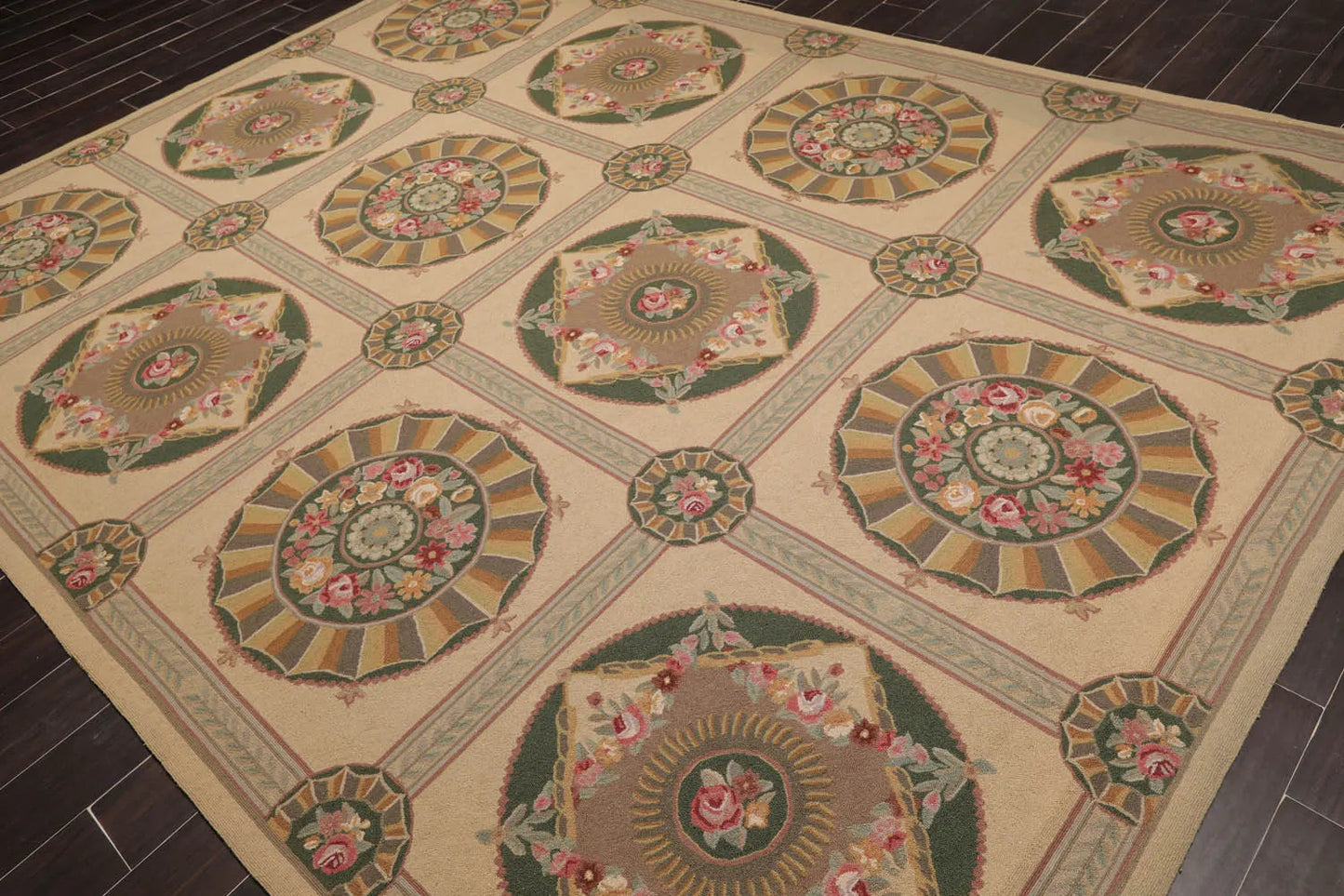 9x12 Beige Hand Hooked 100% Wool Traditional French Aubusson Oriental Area Rug-2