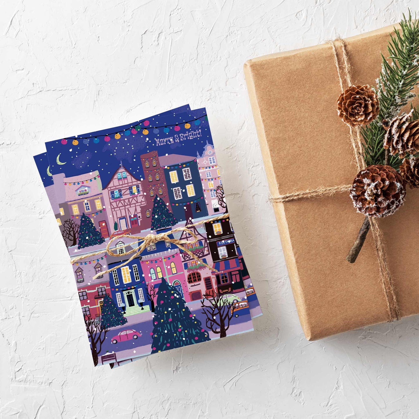 Merry and Bright Winter Town Greeting Cards, Set of 24