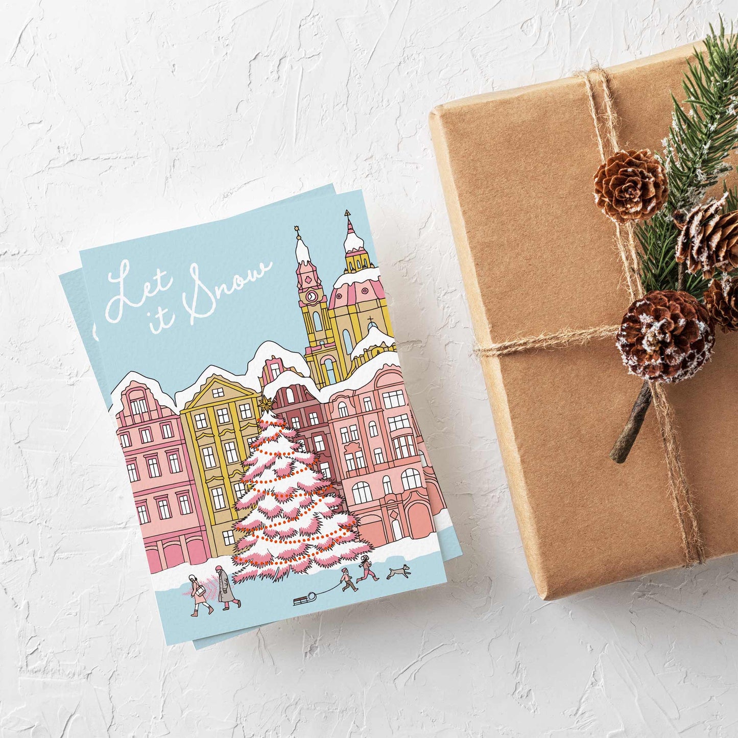 Snowy Pink Town Holiday Greeting Cards, Set of 24