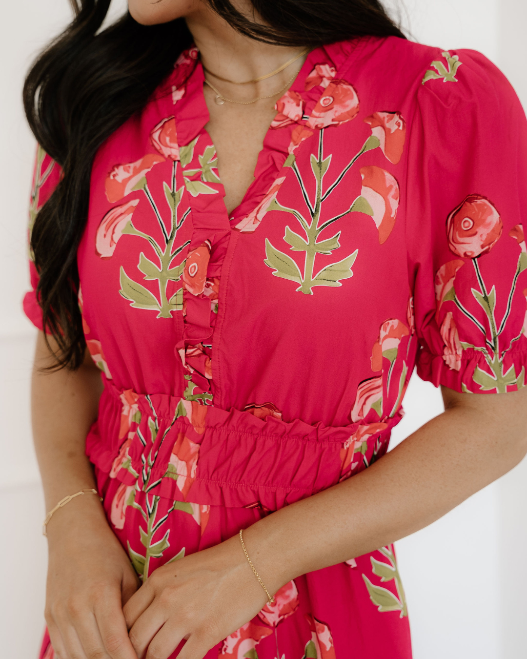 Neve Floral Print Frilled V Neck Short Sleeve Ruffle Maxi Dress