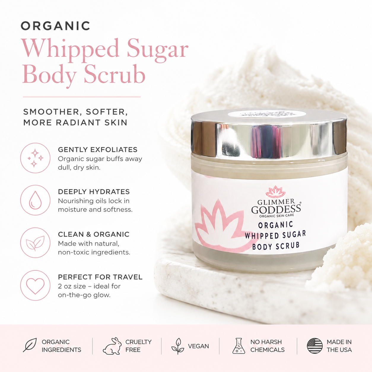 Organic Whipped Sugar Body Scrub 2 oz – Travel Size Crepey Skin Treatment & Exfoliator