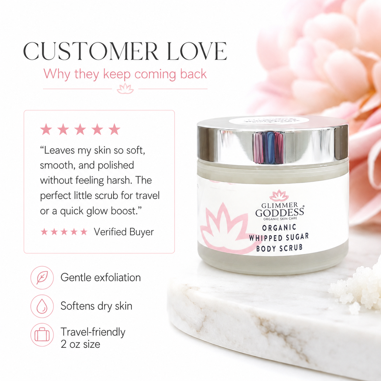 Organic Whipped Sugar Body Scrub 2 oz – Travel Size Crepey Skin Treatment & Exfoliator
