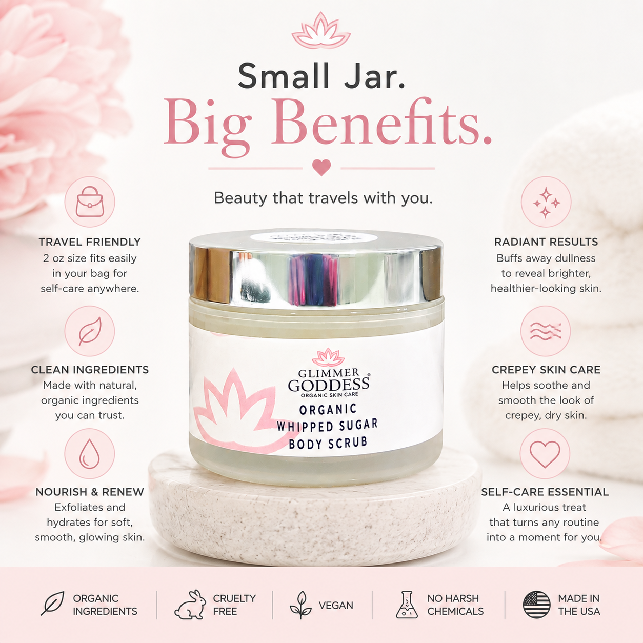 Organic Whipped Sugar Body Scrub 2 oz – Travel Size Crepey Skin Treatment & Exfoliator