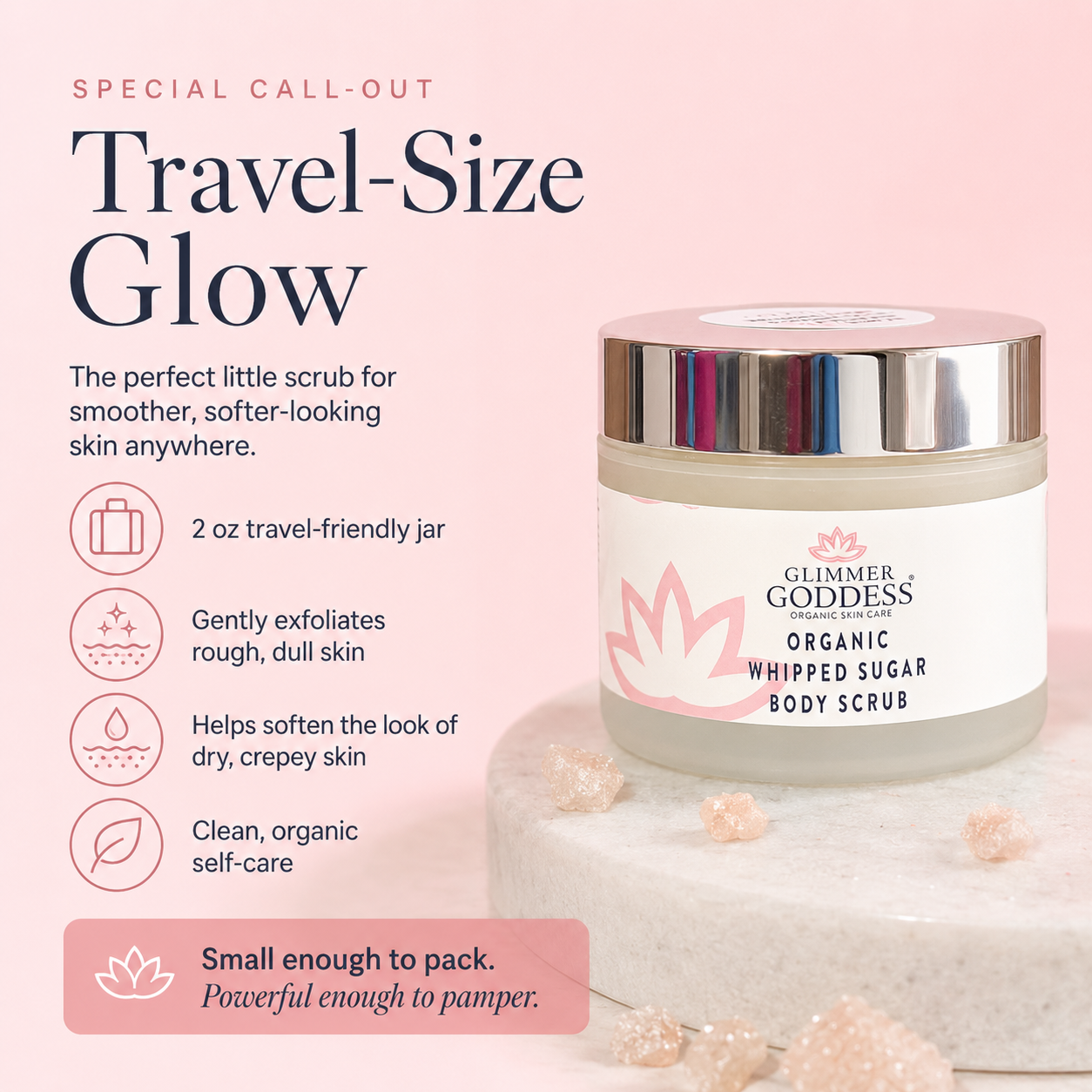 Organic Whipped Sugar Body Scrub 2 oz – Travel Size Crepey Skin Treatment & Exfoliator