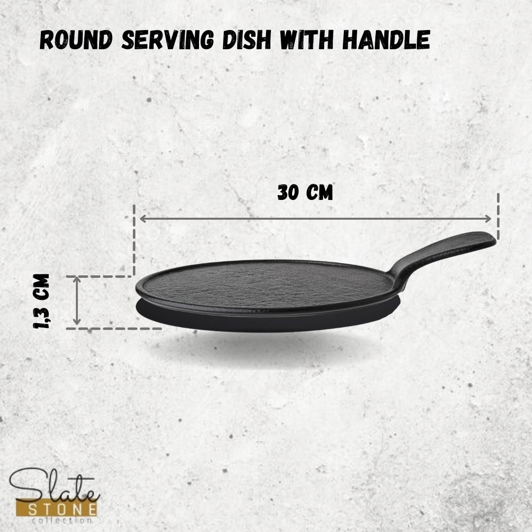 Black Porcelain Slate look Round Serving Dish With Handle 12" inch X 8.5" inch |-4