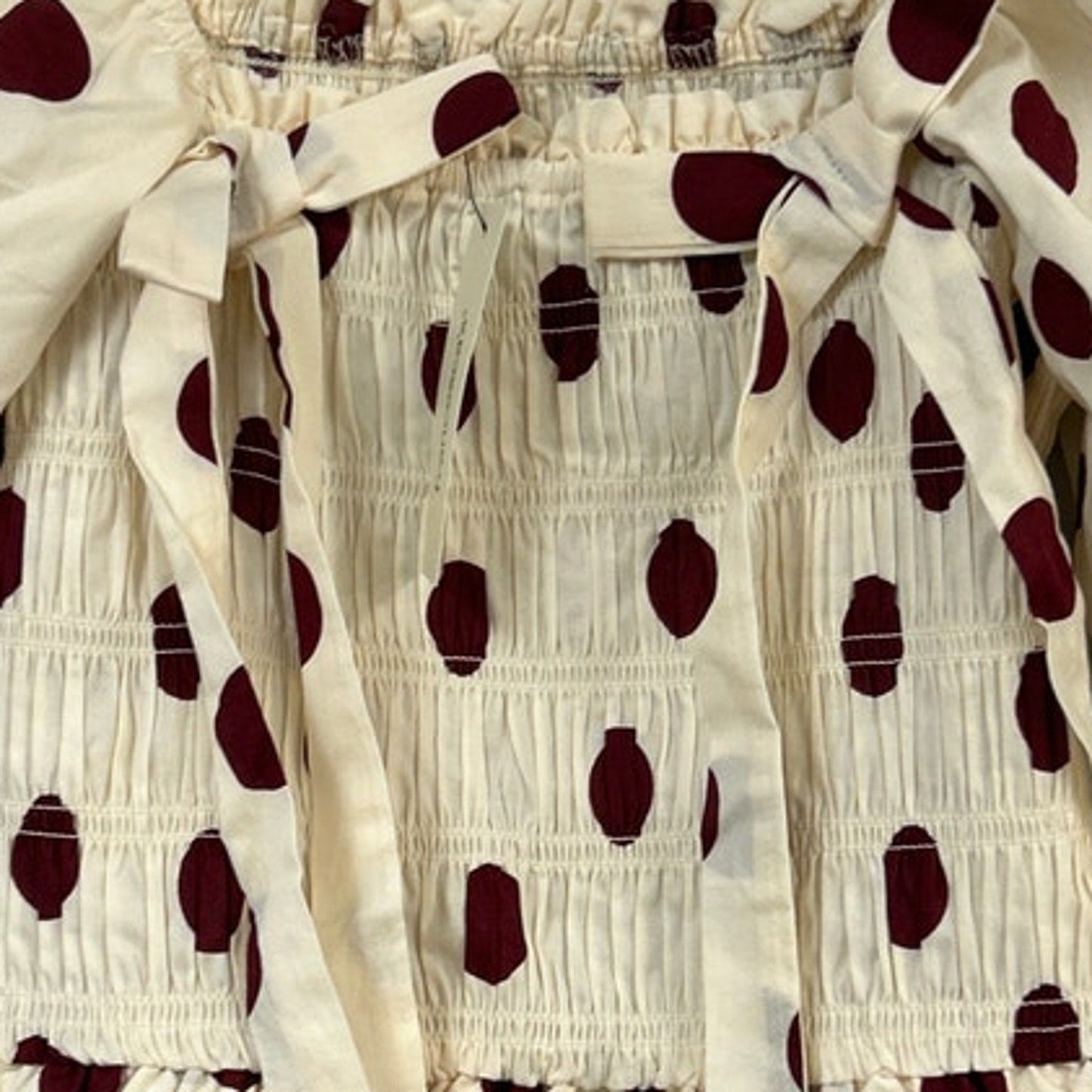 New Francescas Womens Small Cream Burgundy Polka Dot Stretch Cotton Smocked Top