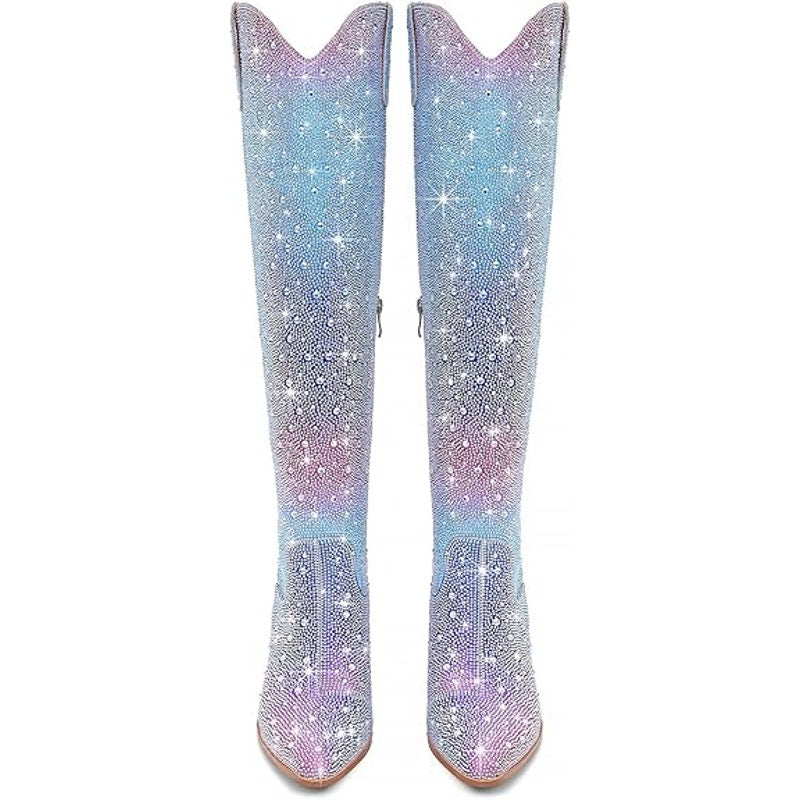 Ronilurn Womens Size 6.5 Rainbow Blue Pink Rhinestone Over the Knee Cowboy Boots