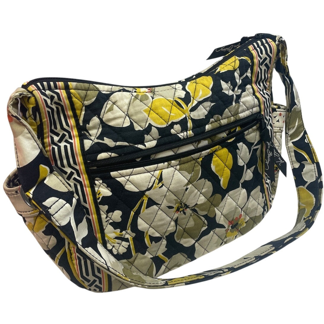 Vera Bradley Black Tan Yellow Magnolia Flower Adjustable Strap Center Zip Purse