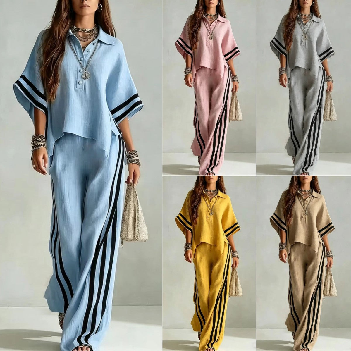 Womens Clothing Short-Sleeve Shirt And Loose Pants Two-Piece Set