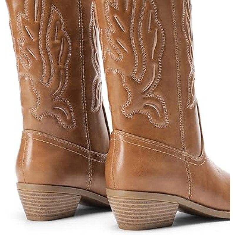 Dream Pairs Womens 10 Brown Faux Leather 2" Heel Western Pull On Cowboy Boots