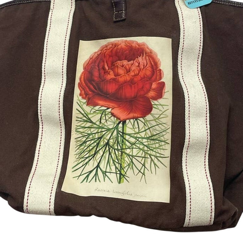 Hand Printed Upcycled Red Peony Flower Brown Canvas Cotton Tote Bag Purse