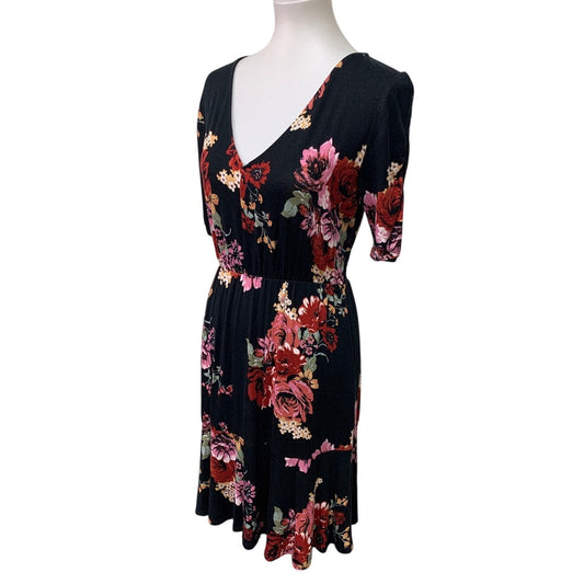 Maurices Womens Small Half Sleeve V Neck Black Pink Floral Fit n Flare Dress