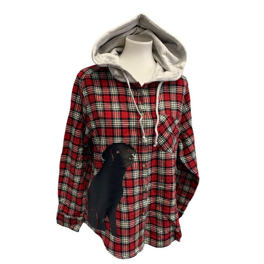 New Hand Printed Womens 3XL Black Lab Dog Long Sleeve Plaid Flannel Hoodie