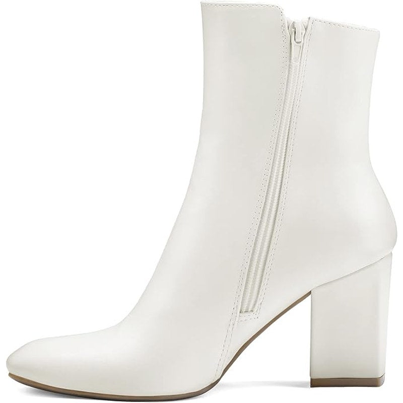 New Mysoft Womens Size 8 White Faux Leather 3" Block Heel Zip Ankle Boots w Flaw