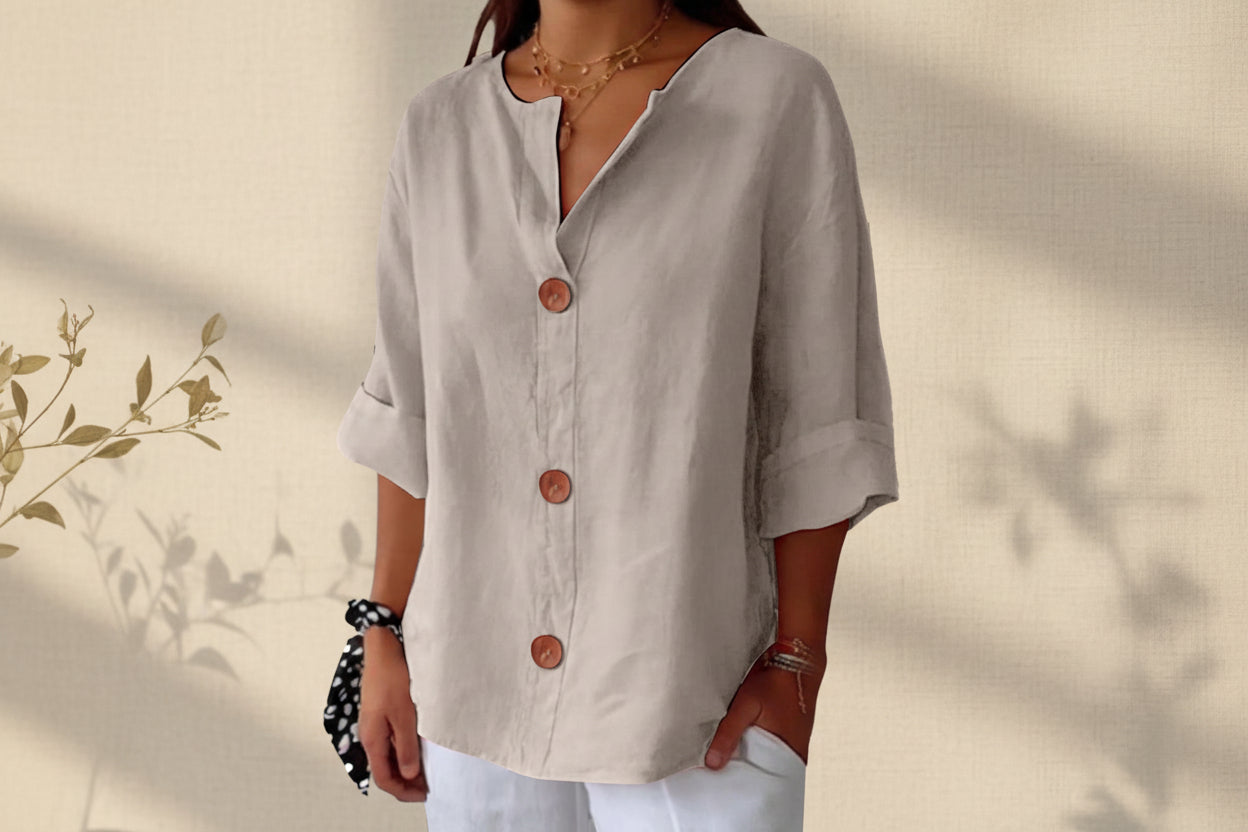 Women’s V-Neck Cotton Linen Buttoned Blouse
