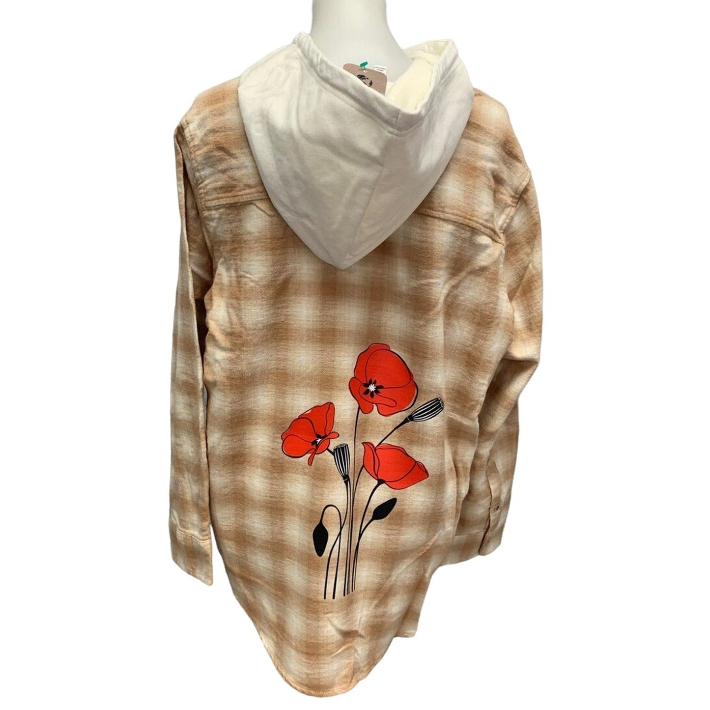 New Hand Printed Womens 3XL Red Poppy Flower Long Sleeve Plaid Flannel Hoodie