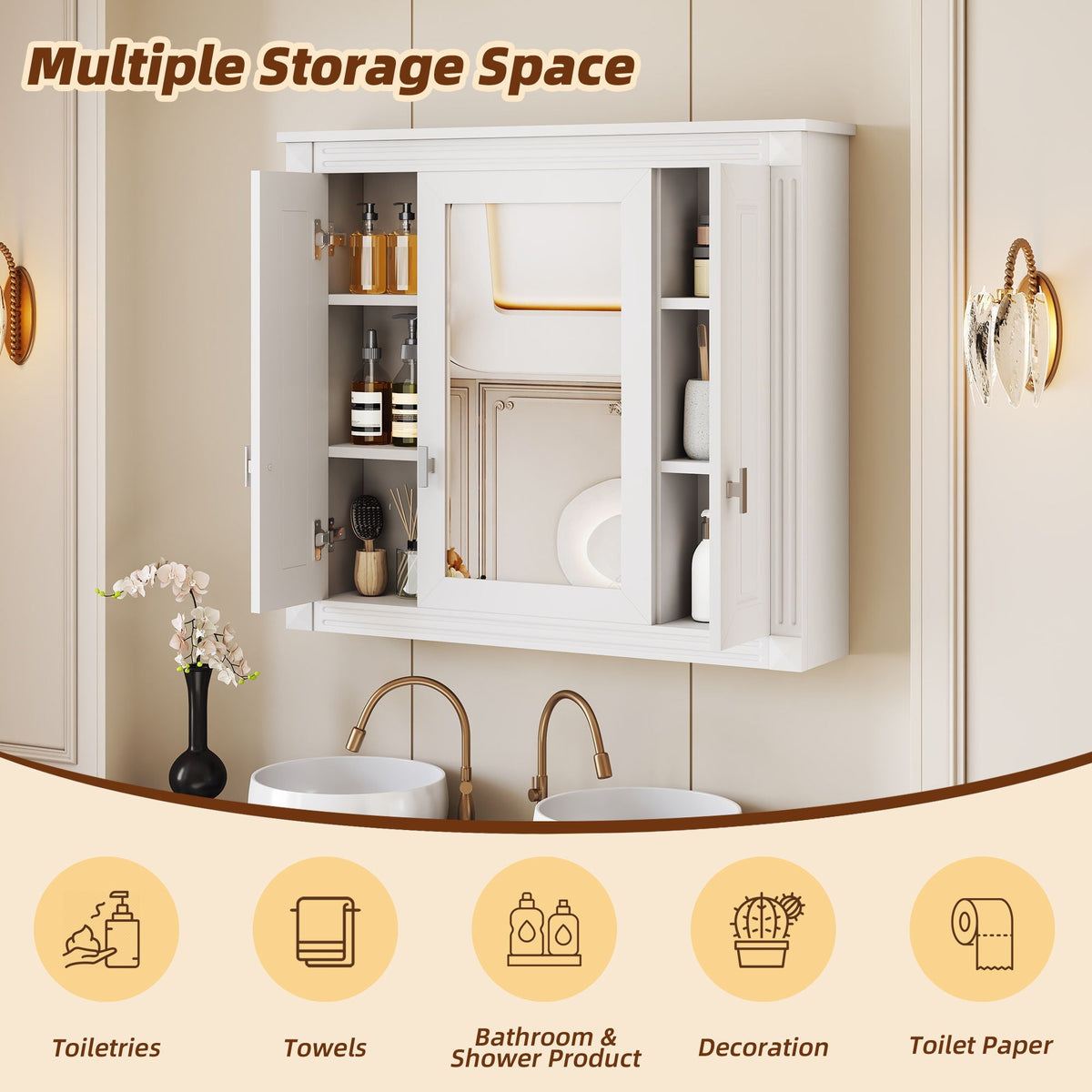 Wall Mounted Bathroom Cabinet With Mirror And 5 Shelves, Rectangular Design