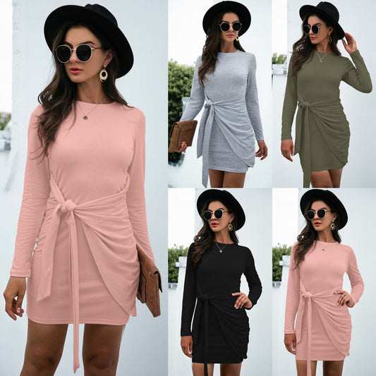 Hot New Product Long Sleeve Round Neck Tie Solid Color Dress