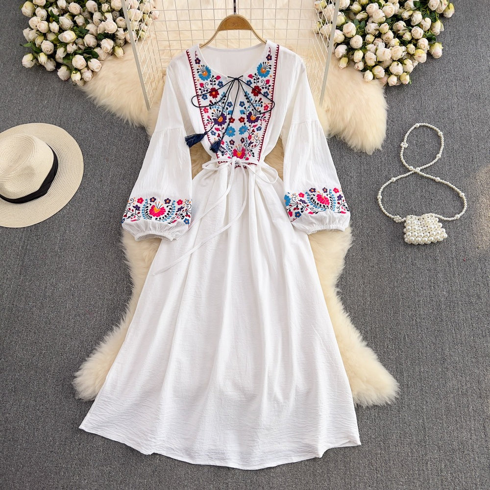 Bohemian Embroidery Fringe Tie-Waist Dress – Relaxed A-Line Maxi, Beach Vacation Flowing Gown