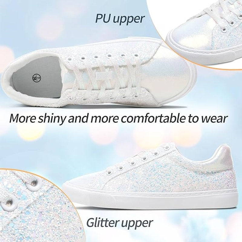 Aisfaes Womens Size 9 Rainbow Confetti Glitter White Lace Up Low Top Sneakers