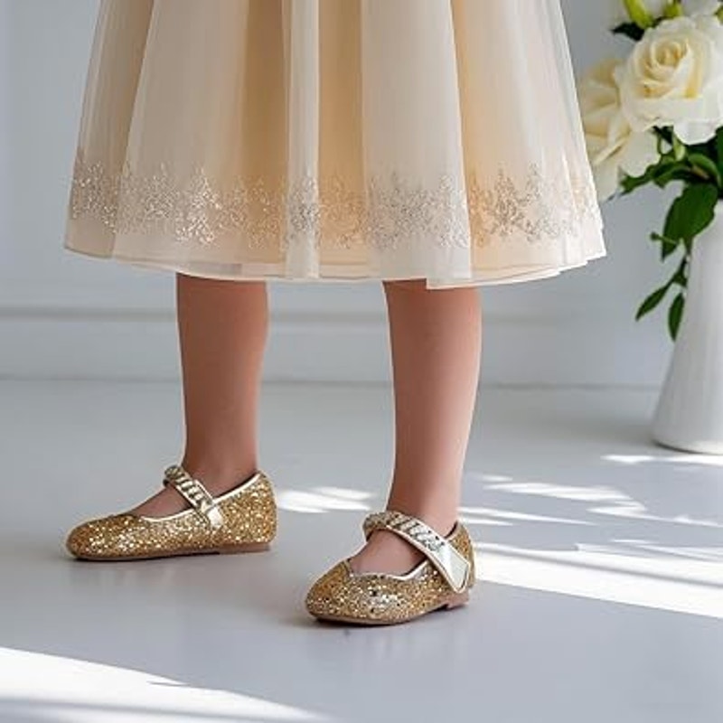 Thee Bron Toddler Girls Size 7 Gold Sequin Hook Loop Mary Jane Dress Up Shoes