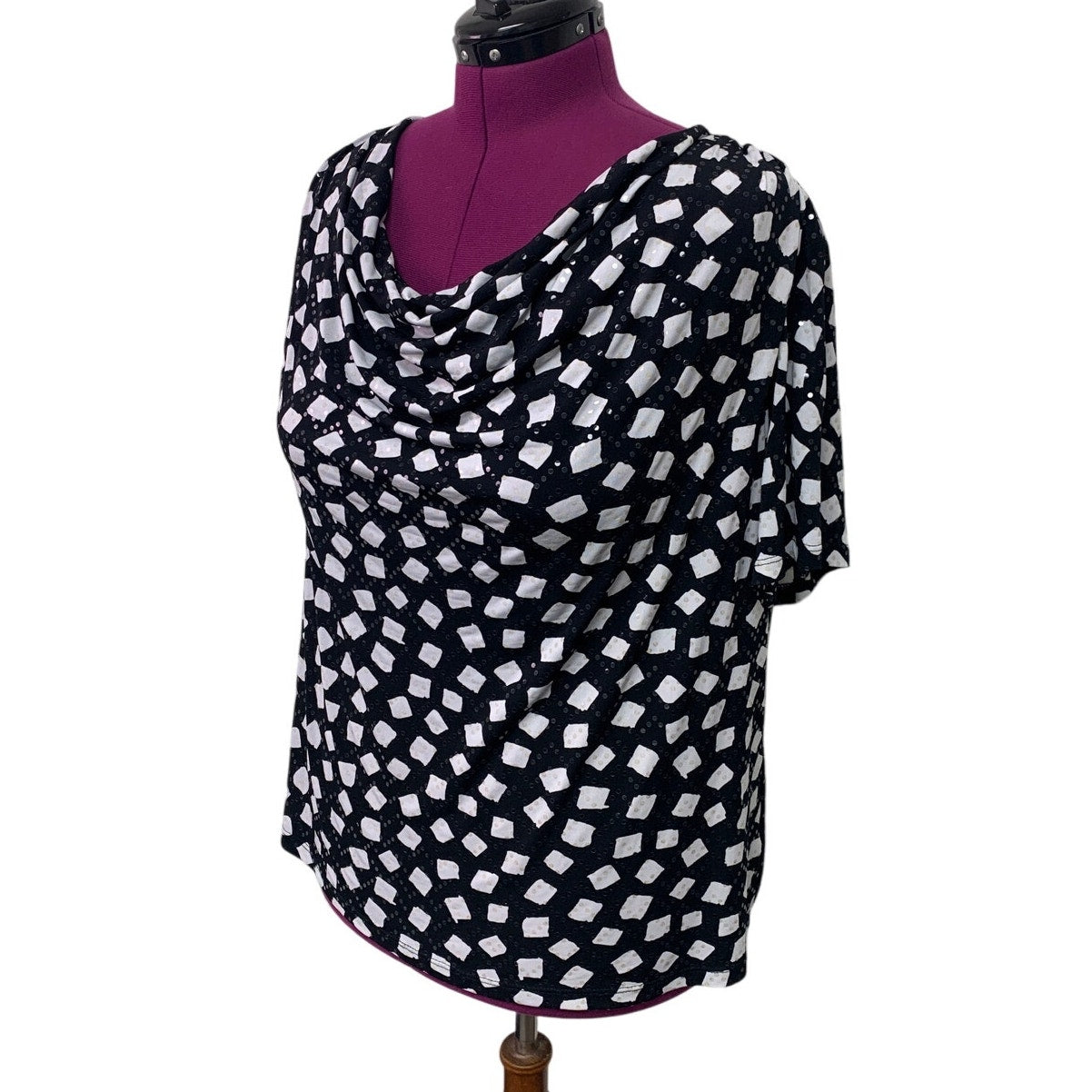 Dress Barn Collection Womens 3X Short Sleeve Polka Dot Drapey Sequin Blouse Top