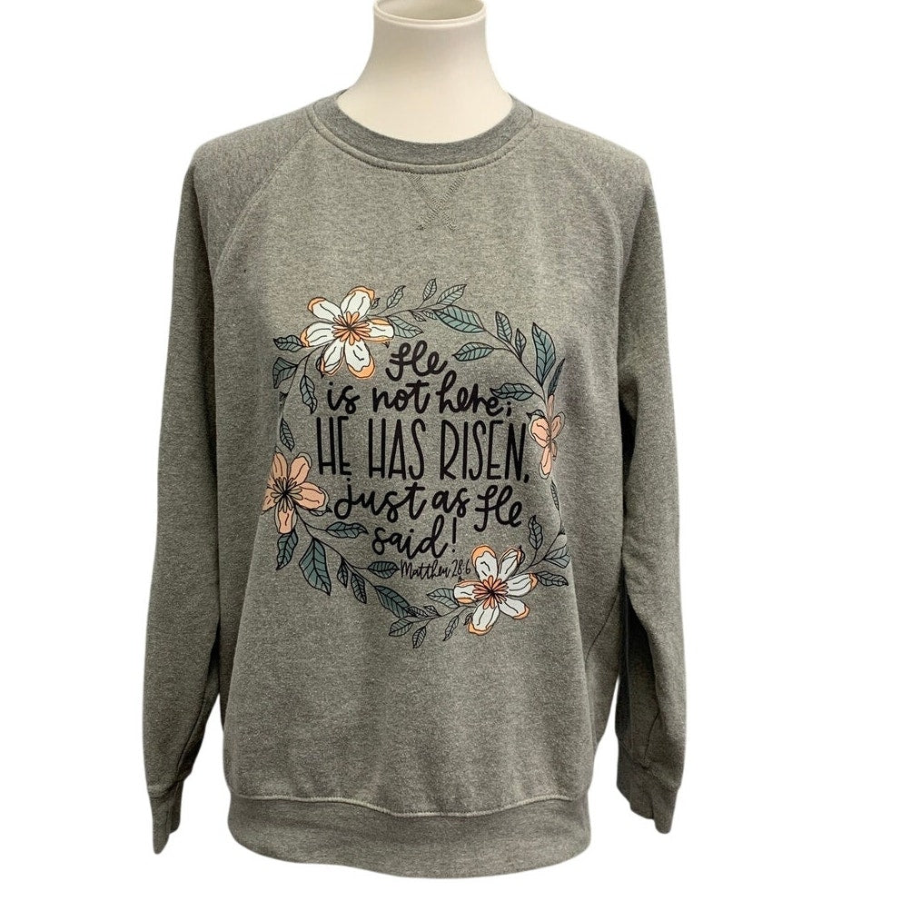 Hand Printed Upcycled Womens Large He Is Not Here Jesus Has Risen Sweatshirt