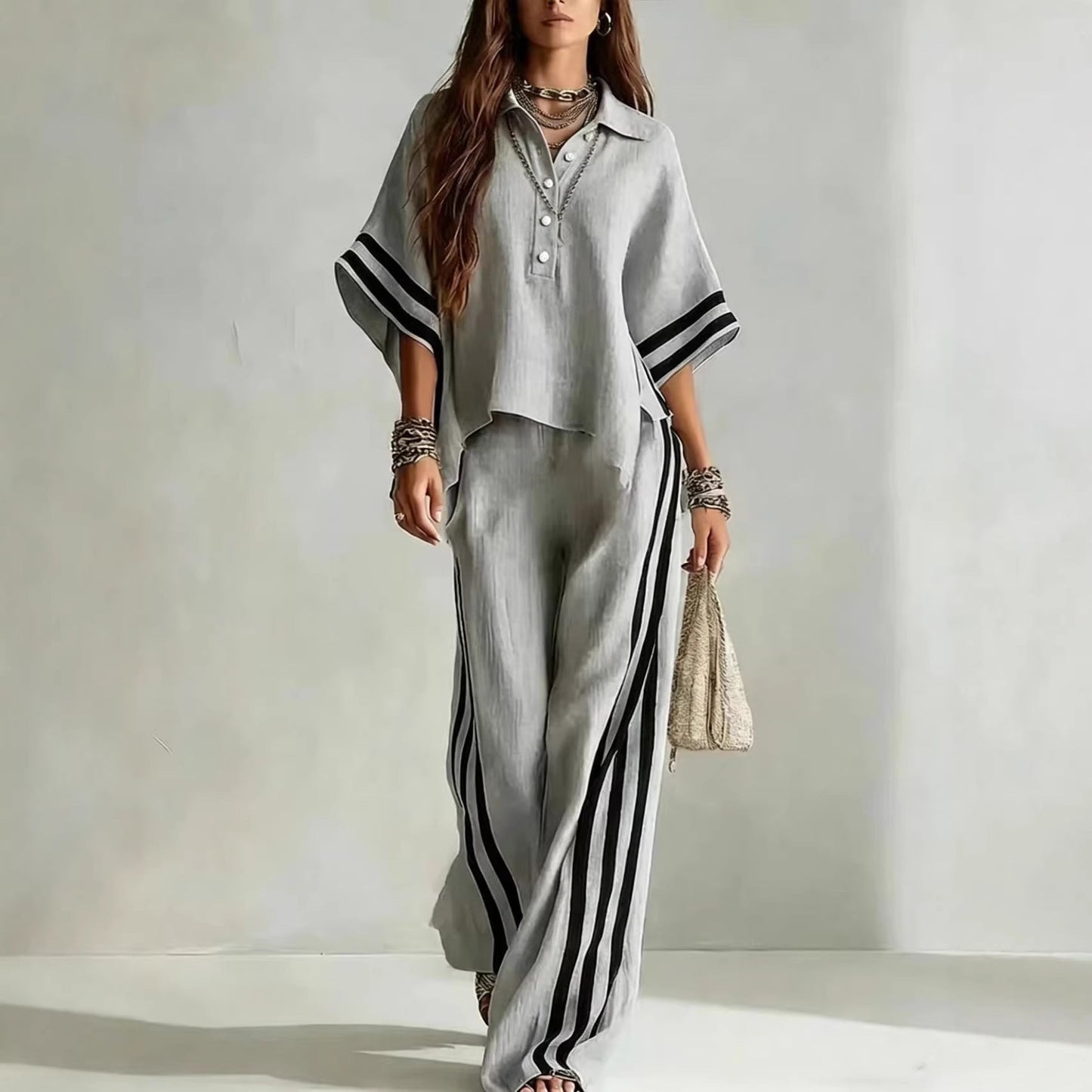 Womens Clothing Short-Sleeve Shirt And Loose Pants Two-Piece Set