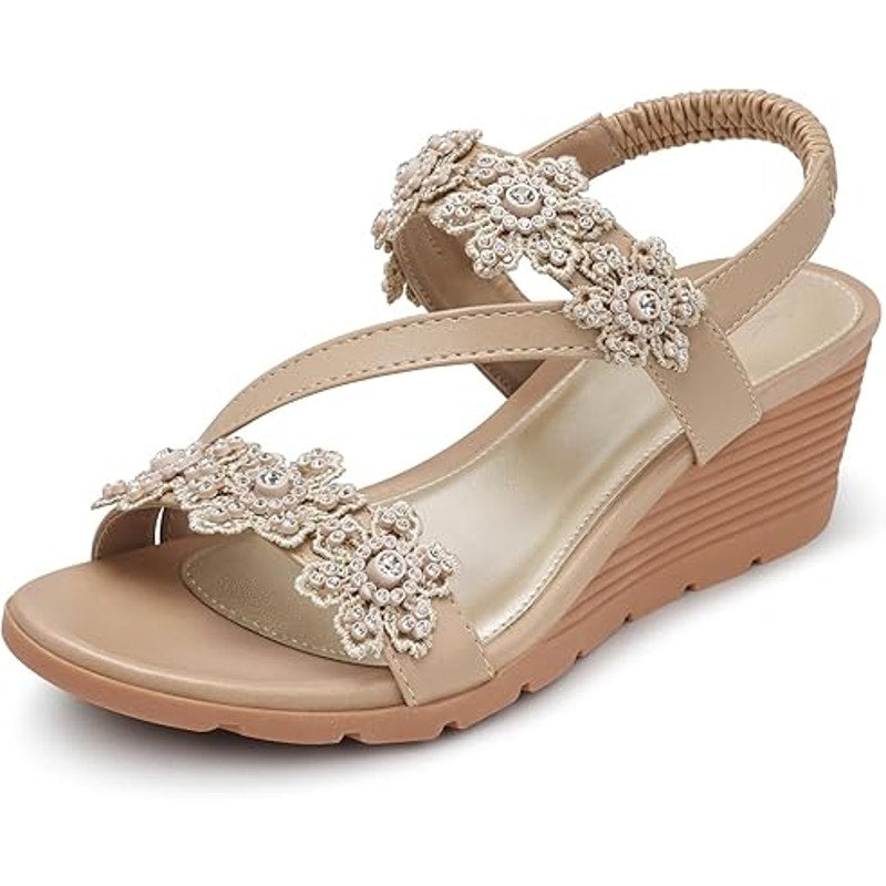 Shibever Womens Size 12 Gold Flower 2" Wedge Heel Ankle Strap Beaded Sandals