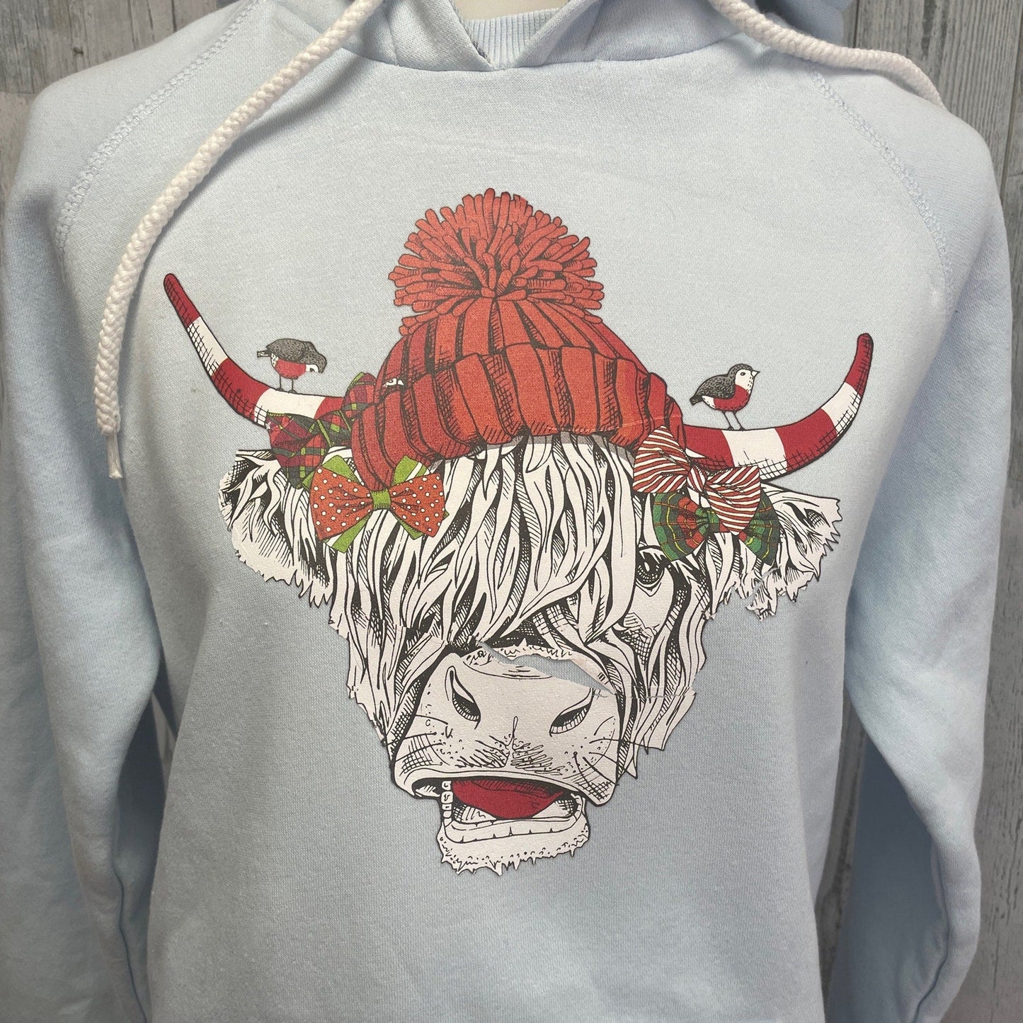 Upcycled Hand Printed Medium Christmas Cow w Hat Bows Birds Sweatshirt Hoodie