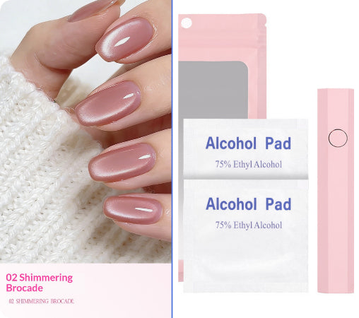 A manicure result showing a hand with glossy nude-pink nails, alongside product packaging and alcohol pads labeled 'Alcohol Pad 75% Ethyl Alcohol' for a '02 Shimmering Brocade' nail color.