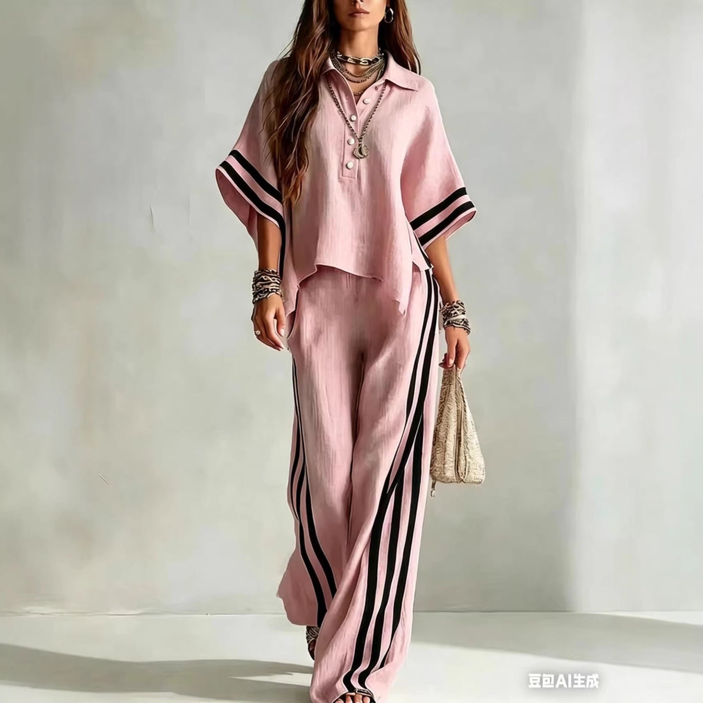 Womens Clothing Short-Sleeve Shirt And Loose Pants Two-Piece Set