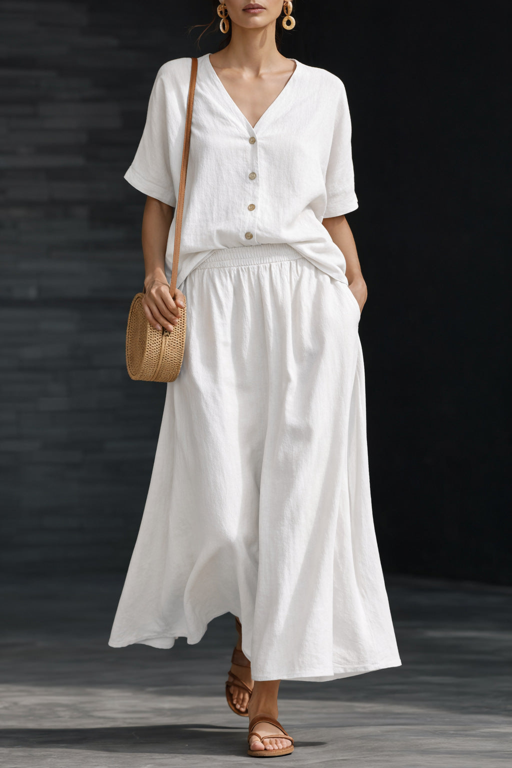 Women's Cotton-Linen V-Neck Button-Up Top & Long Skirt Set
