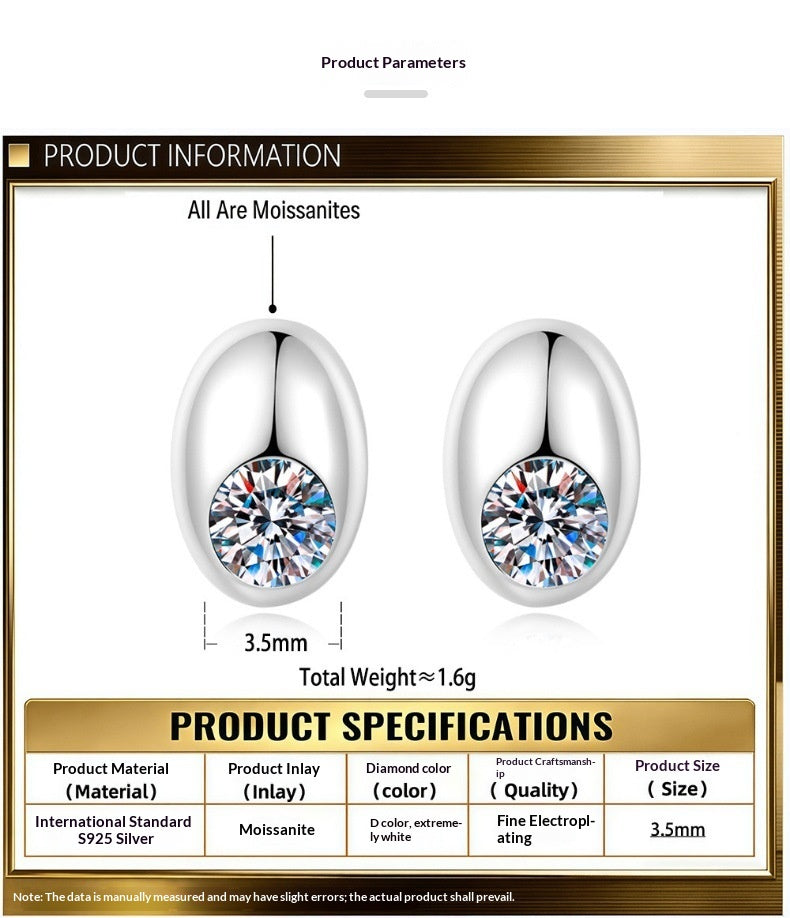 S925 Sterling Silver Oval Stud Earrings With A Single Moissanite Diamond