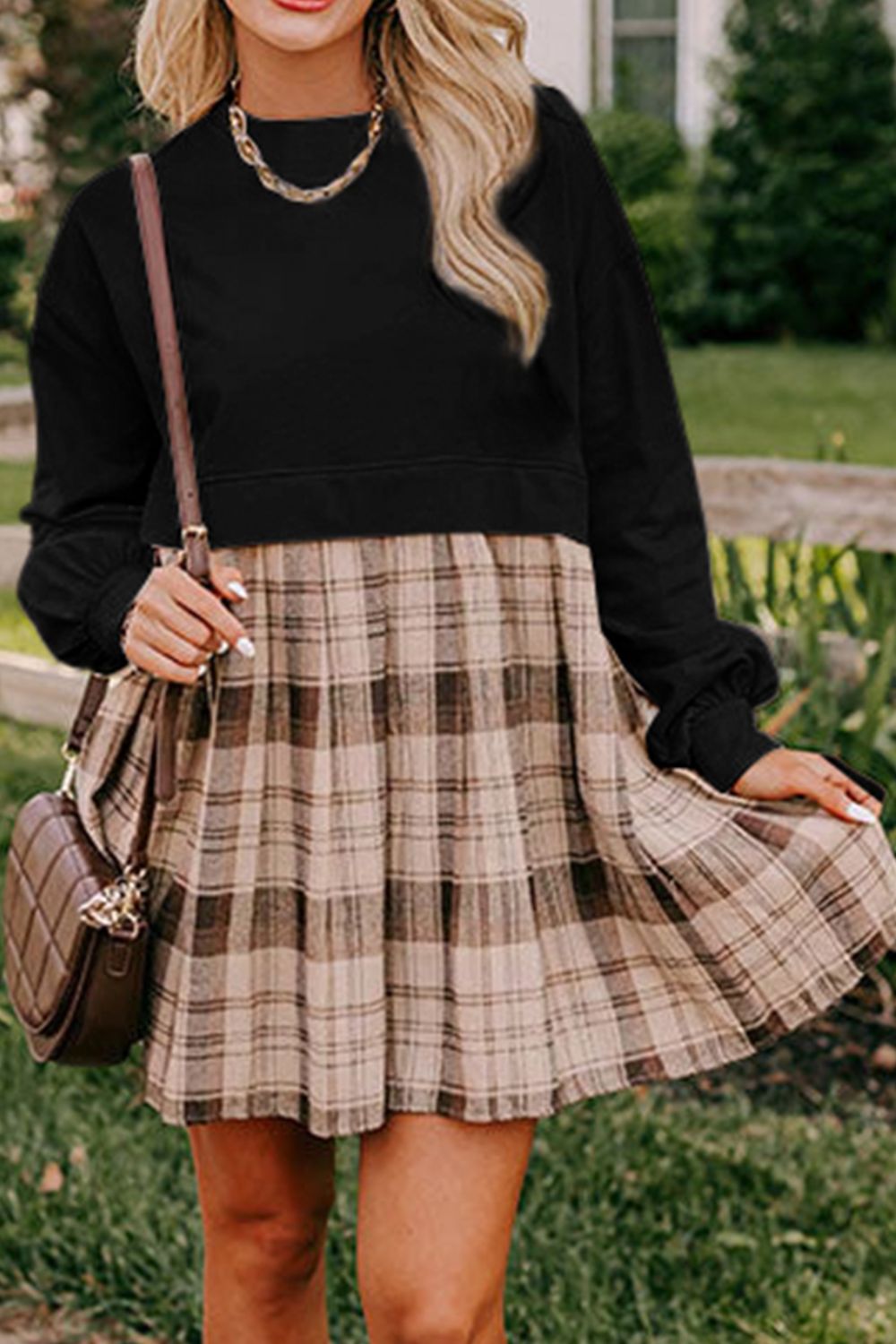 Vintage Plaid Round Neck Long Sleeve Mini Dress Cozy & Stylish Dress Retro Design Dress For Party