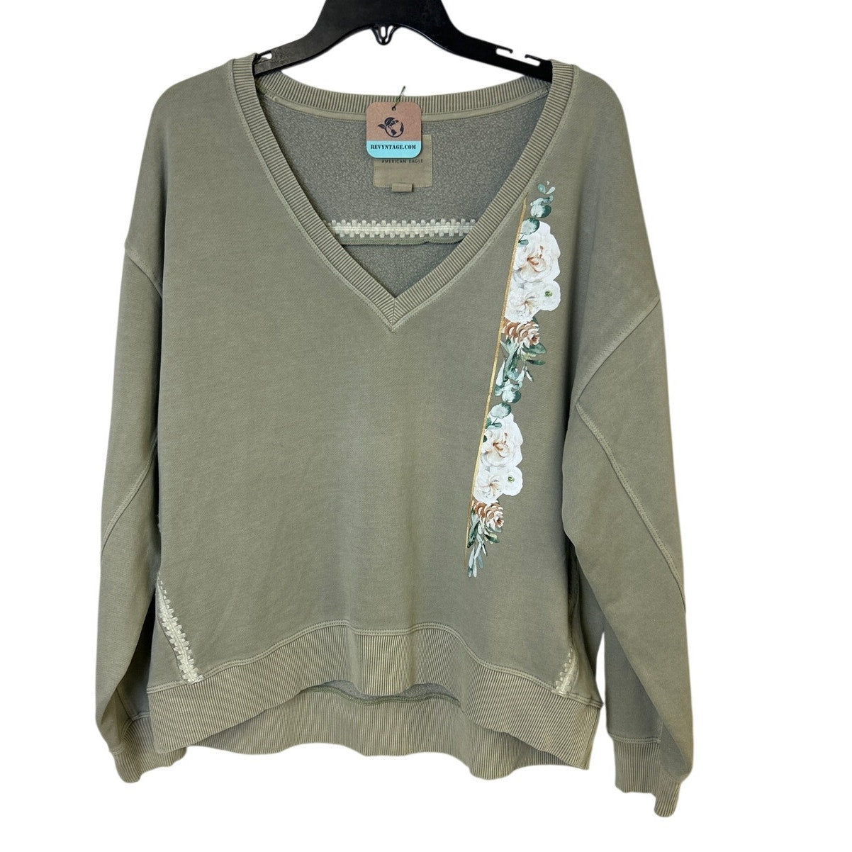 New Hand Printed Womens Medium Floral Stripe V Neck Long Sleeve Sweatshirt