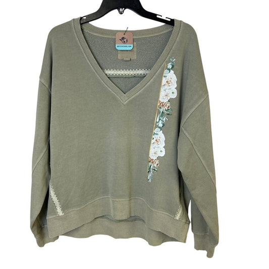 New Hand Printed Womens Medium Floral Stripe V Neck Long Sleeve Sweatshirt