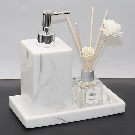 2pcs Bathroom Accessory Set, Marble Look, 500ml Soap Dispenser With Matching Tray, Elegant Countertop Decor