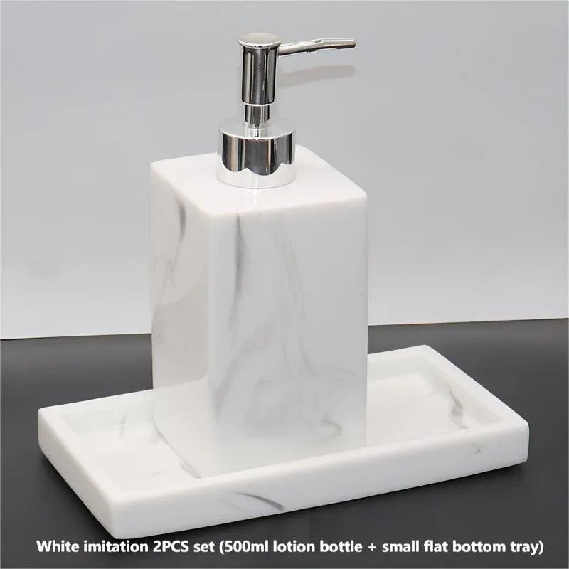 2pcs Bathroom Accessory Set, Marble Look, 500ml Soap Dispenser With Matching Tray, Elegant Countertop Decor