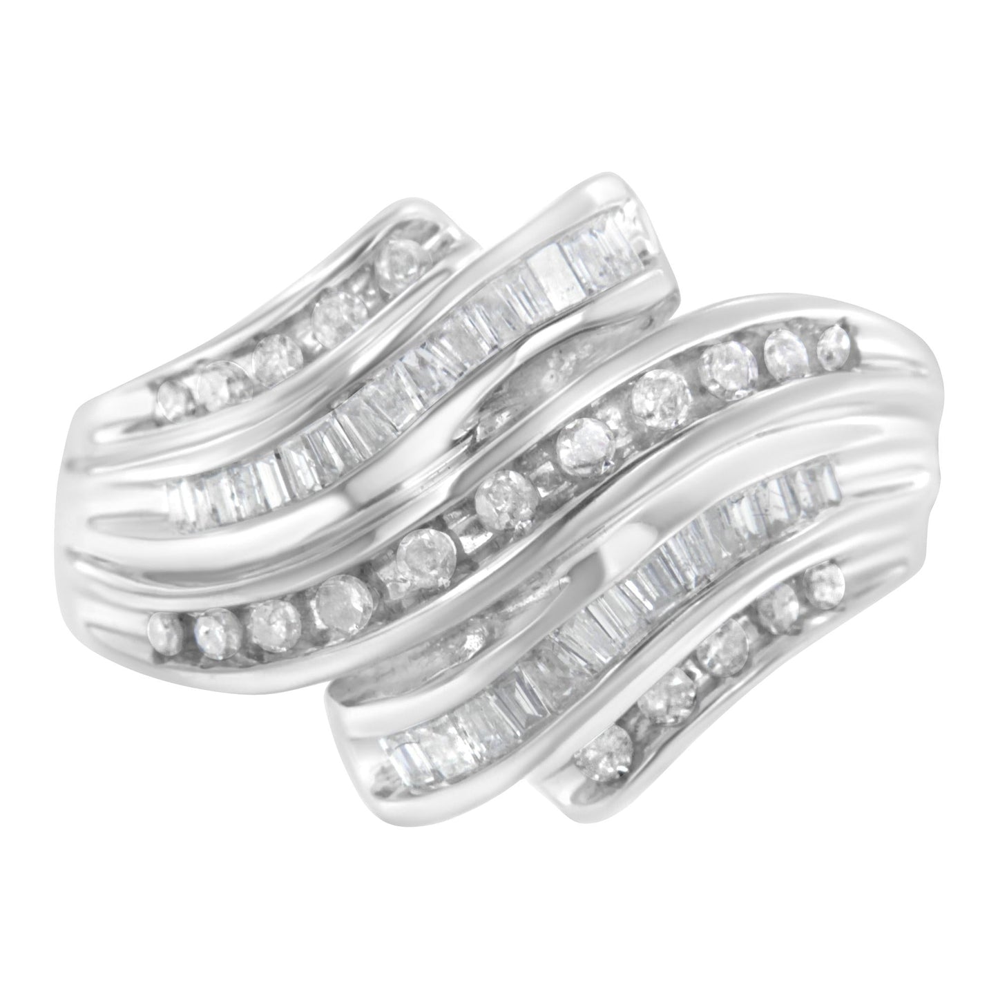 10K White Gold Round and Baguette Cut Diamond Channel Ring (3/4 Cttw, H-I Color, SI2-I1 Clarity)-0