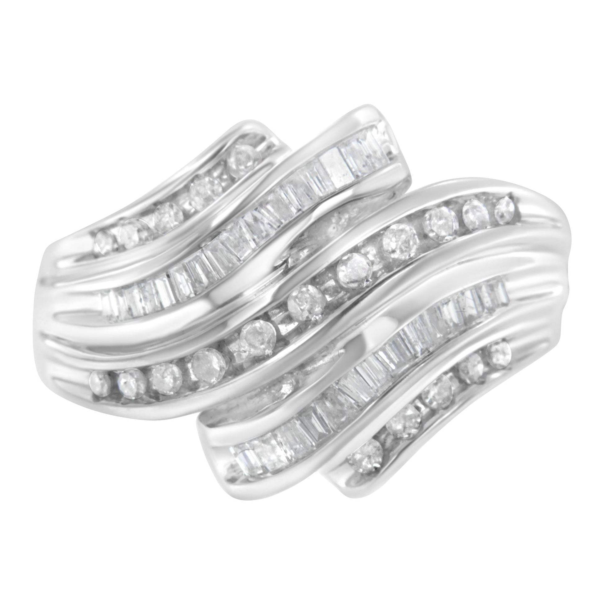 10K White Gold Round and Baguette Cut Diamond Channel Ring (3/4 Cttw, H-I Color, SI2-I1 Clarity)-0