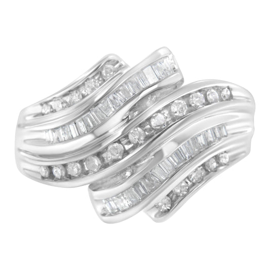 10K White Gold Round and Baguette Cut Diamond Channel Ring (3/4 Cttw, H-I Color, SI2-I1 Clarity)-0