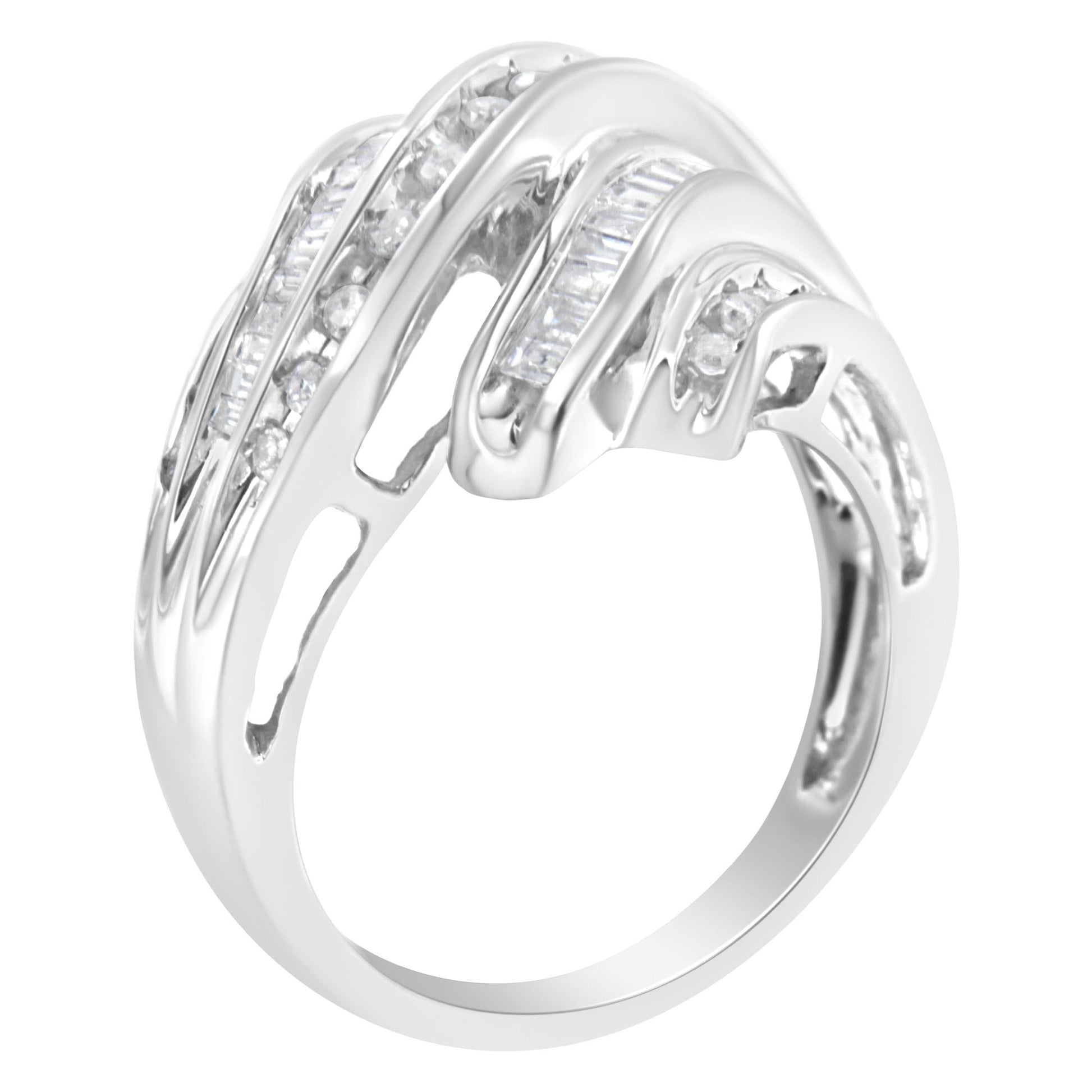 10K White Gold Round and Baguette Cut Diamond Channel Ring (3/4 Cttw, H-I Color, SI2-I1 Clarity)-4